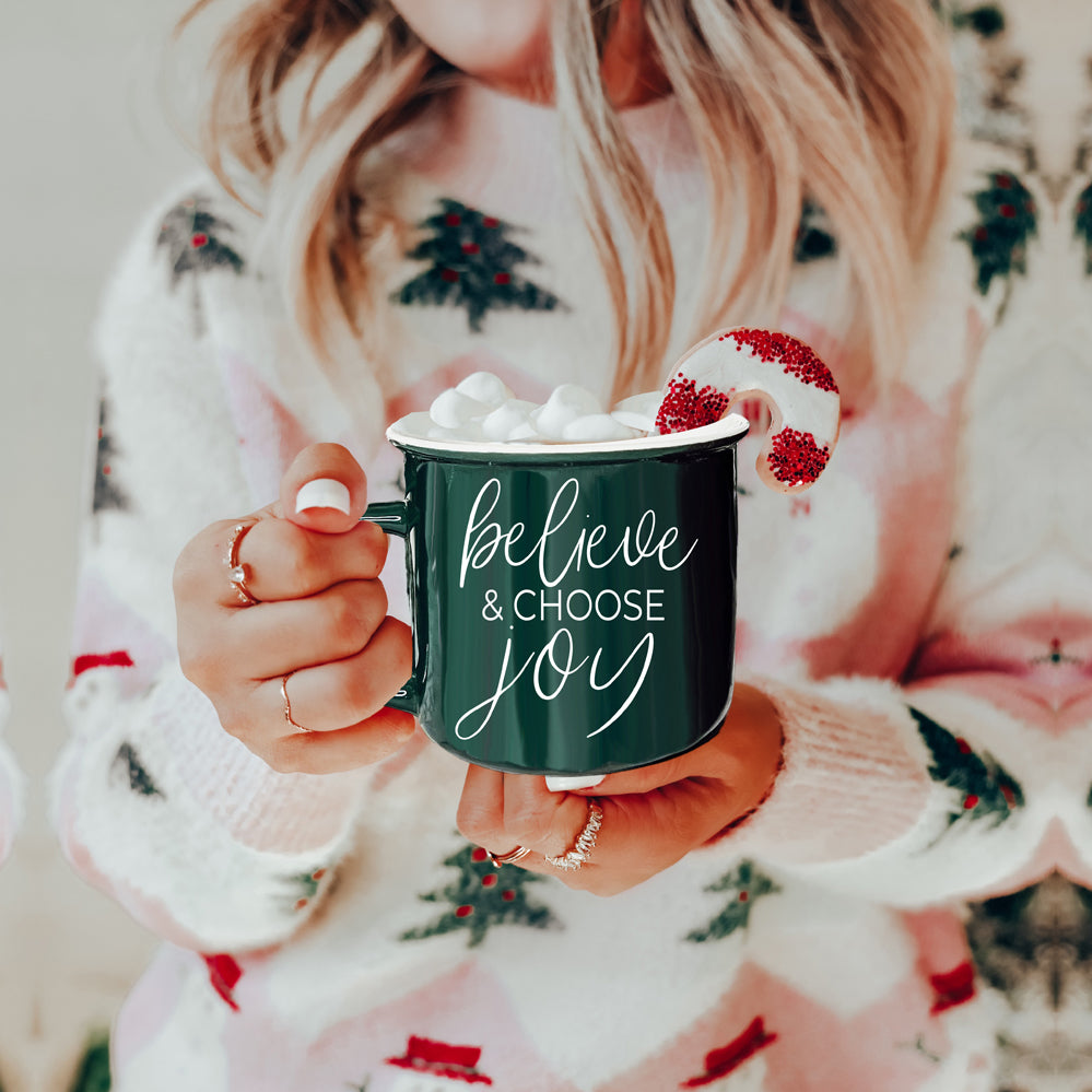 Believe And Joy Ceramic Campfire Mug 14.5oz Red Green Double-Sided White Text