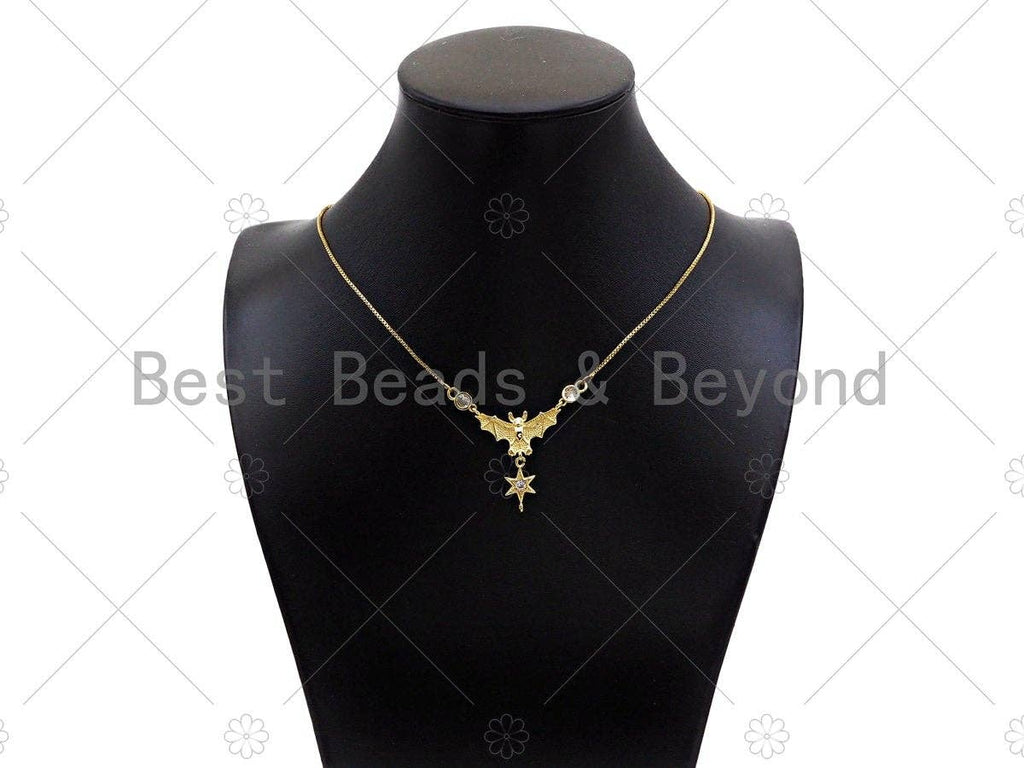 Gold Filled CZ Micro Pave Bat With North Star Shape Pendant,18K Gold Filled Bat Charm, Necklace Bracelet Charm Pendant, 42x31mm,Sku#Z1370