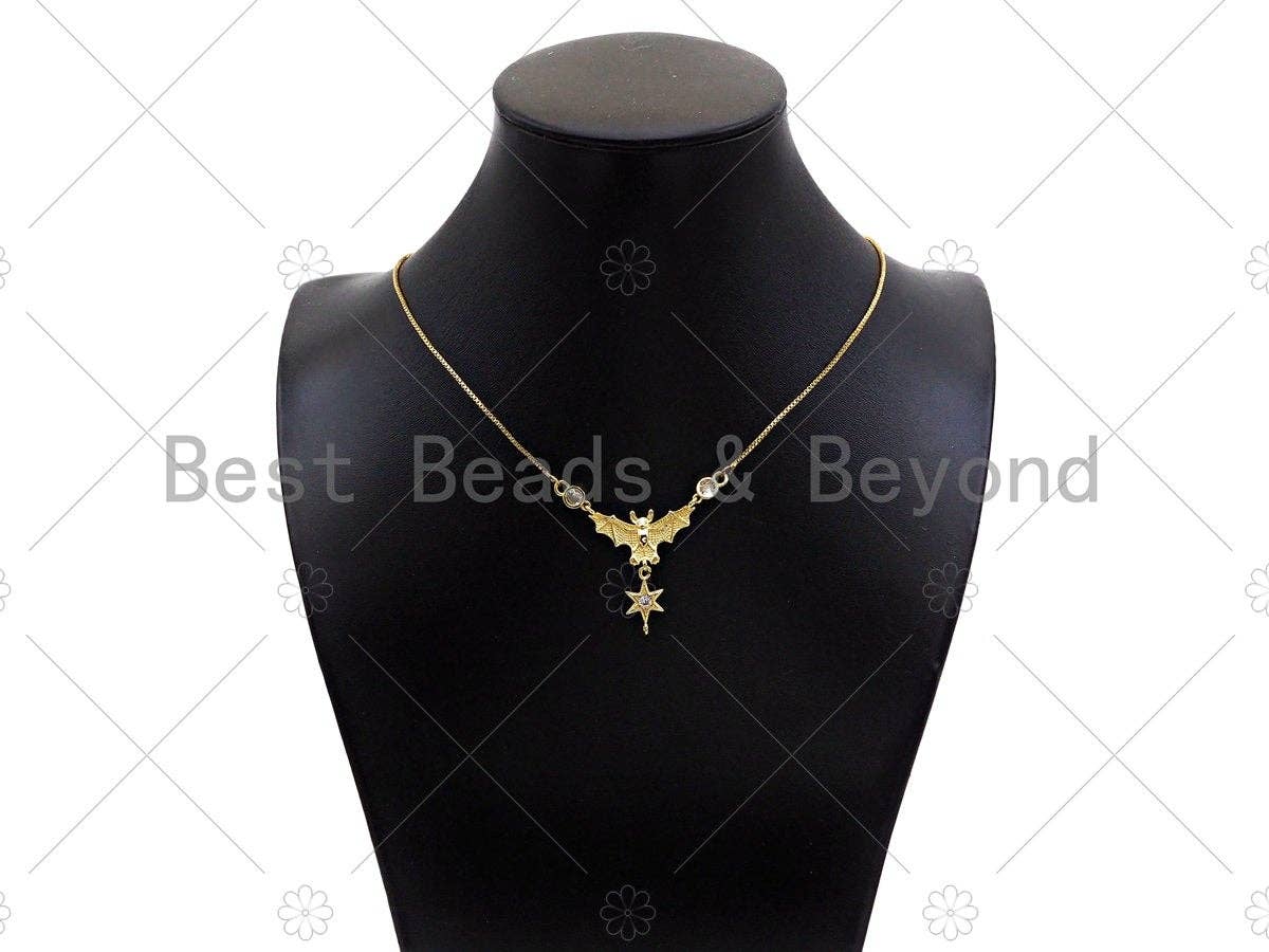 Gold Filled CZ Micro Pave Bat With North Star Shape Pendant,18K Gold Filled Bat Charm, Necklace Bracelet Charm Pendant, 42x31mm,Sku#Z1370