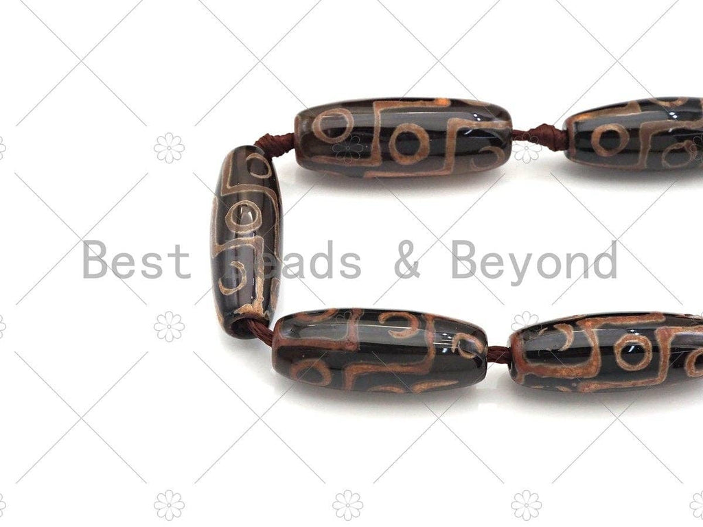 Natural Tibetan Agate Barrel Beads, Brown Black Dzi Drum Beads, Tibetan Dzi Beads, 10x30mm, Sku#U1044