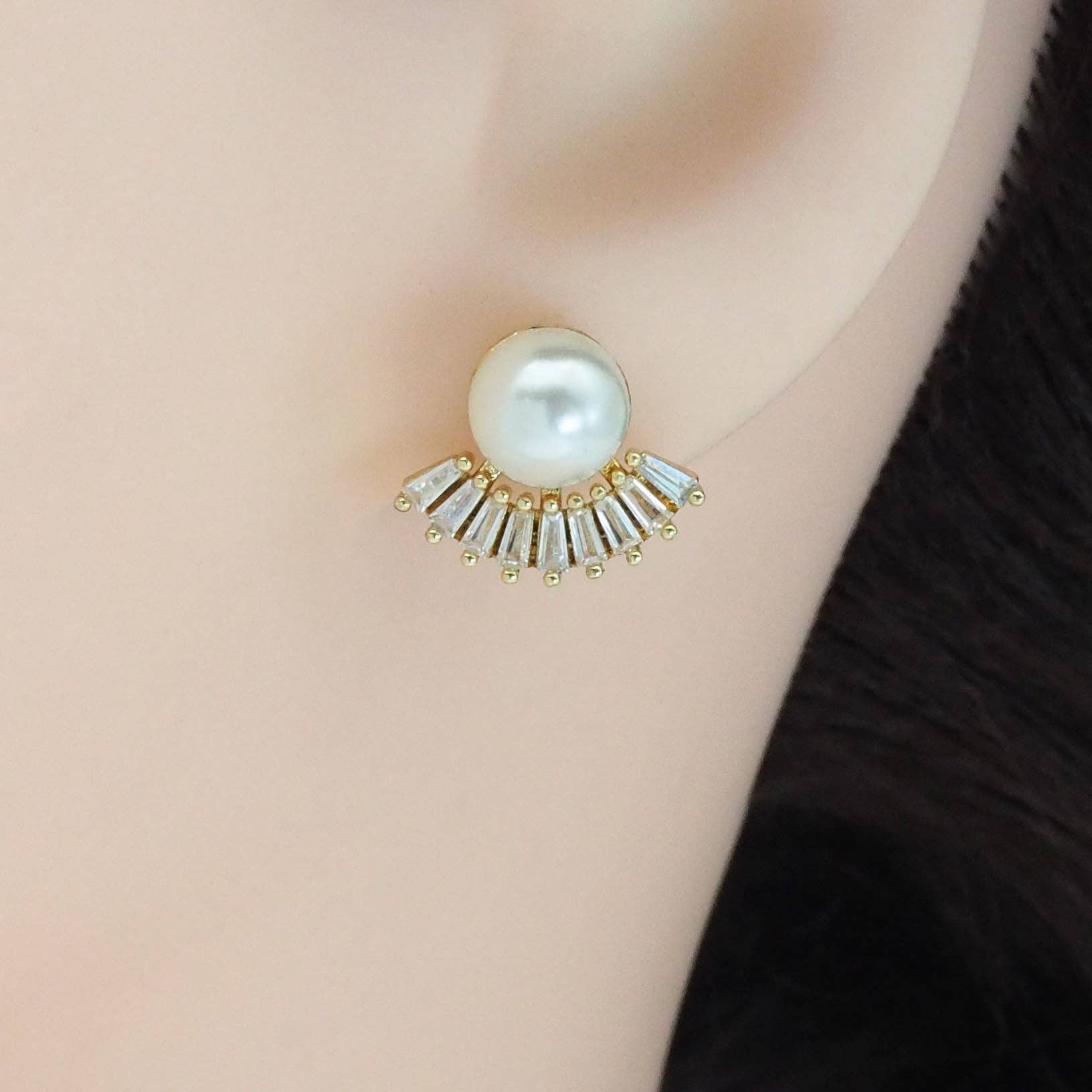 Gold Silver Pearl Baguette CZ Stud Earrings, Sku#LD476