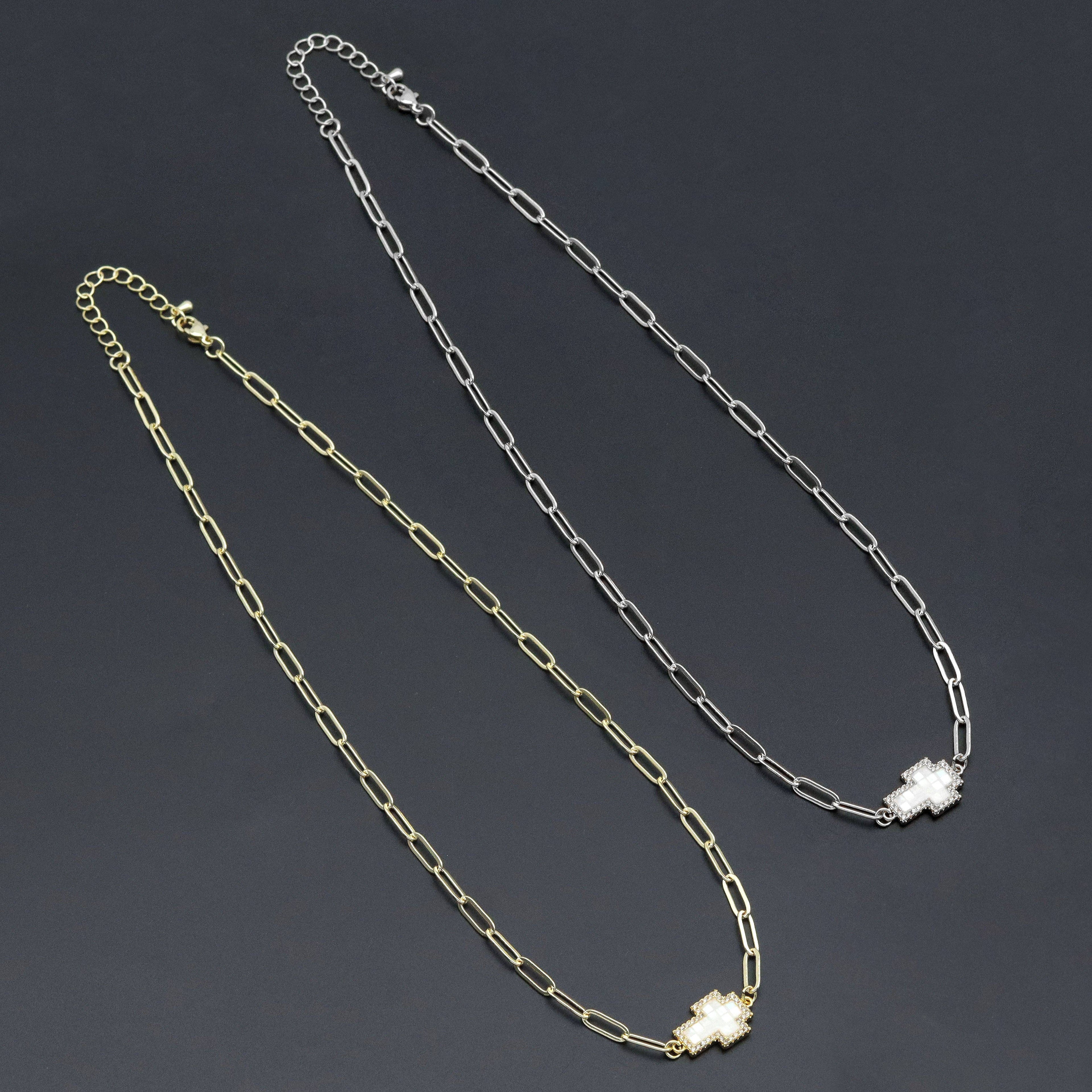 Gold Mother of Pearl Cross Pendant Adjustable Necklace, Sku#EF620