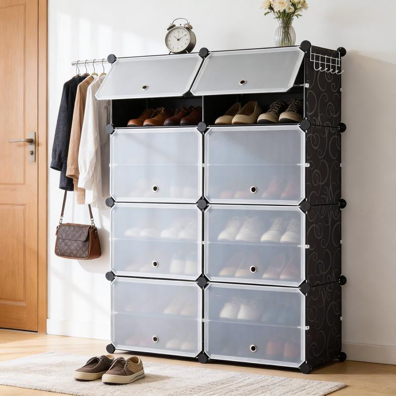6/8-Tier Shoe Cabinet, 24/32-Tier Capacity, with Side Hooks, Sturdy Metal Frame, and Black and White Plastic Panel Shelves. Suitable for Entryways, Living Rooms, and Walk-In Closets