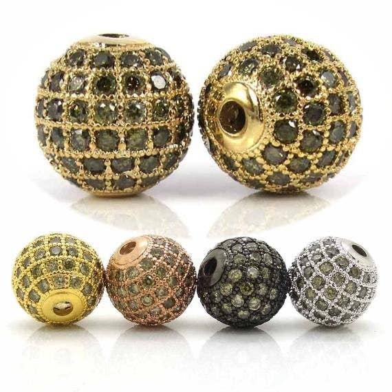 Perles Shamballa Boule Micro Pave CZ Vert Olive, 6mm/8mm/10mm/12mm, Perles Entretoises Rondes Pave, Or Rose/Or/Argent/Noir, sku#308OG