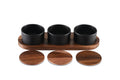 Black Ceramic Condiment Set With Acacia Wood Lids And Base 3 Bowls