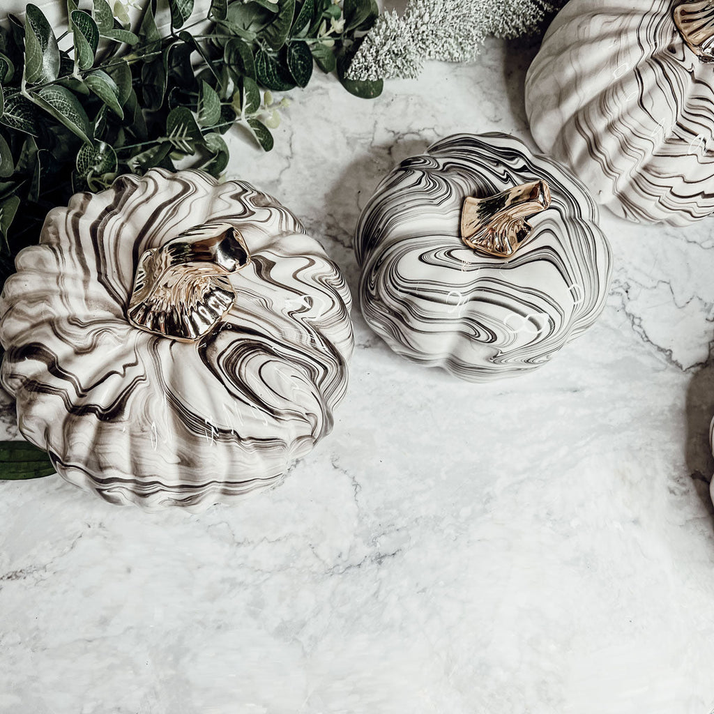 Black Marble Pumpkin Gold Stem Handcrafted Luxury Halloween Decor Accent