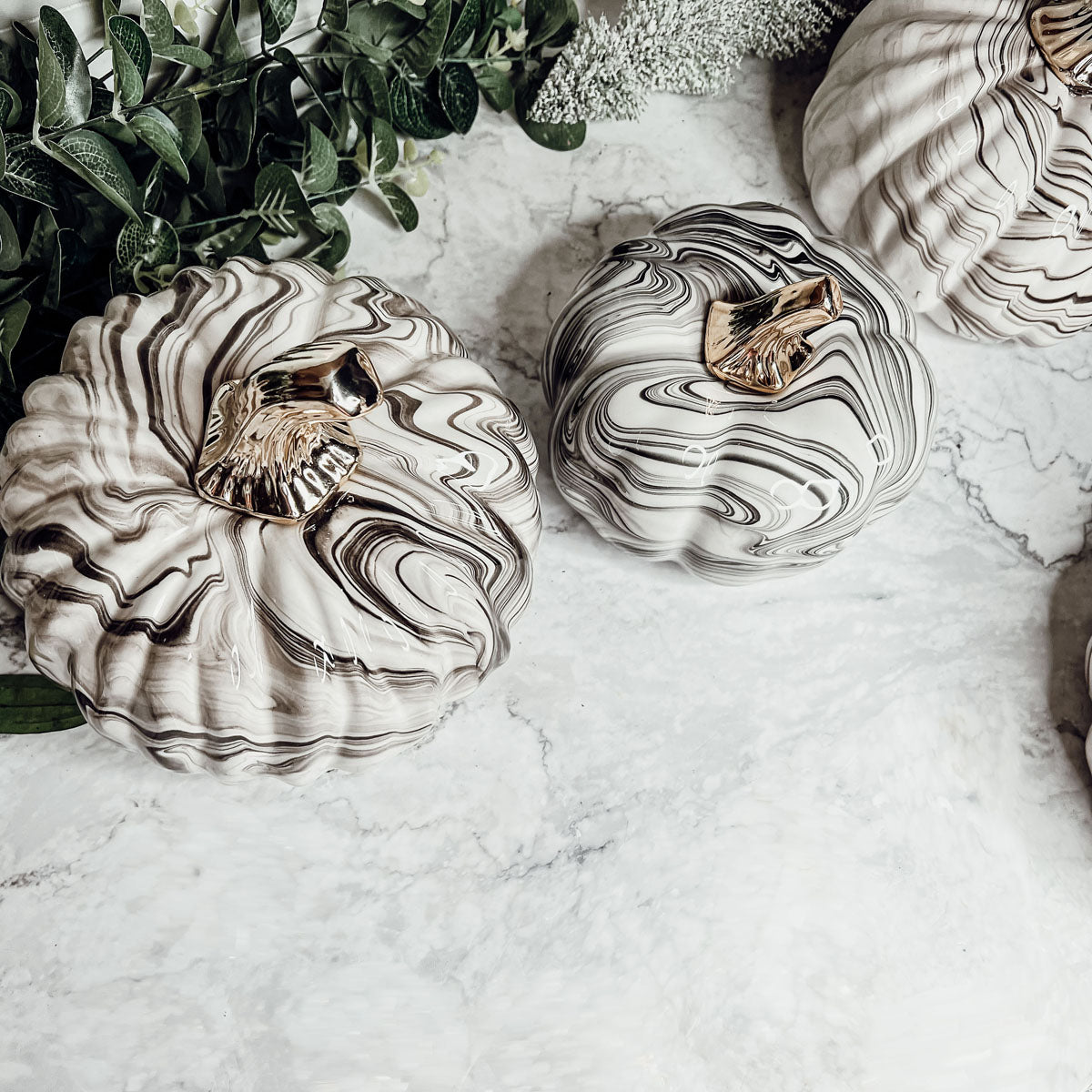 Black Marble Pumpkin Gold Stem Handcrafted Luxury Halloween Decor Accent