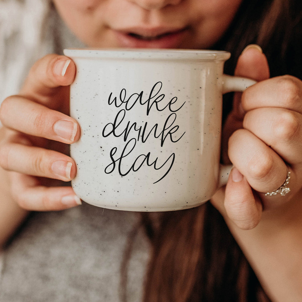 Wake Drink Slay 14.5oz Ceramic Campfire Mug Double-Sided Speckled White Sesame