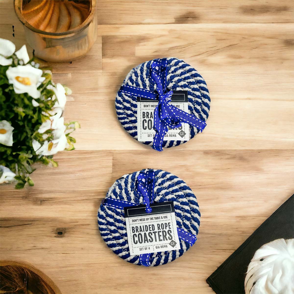 Blue Braided Holiday Coaster Set 4 Pack Candy Cane Stripe Table Protectors Absorbent Drink Mats