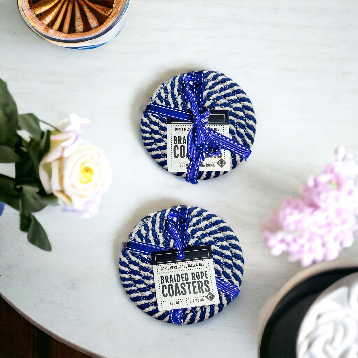 Blue Braided Holiday Coaster Set 4 Pack Candy Cane Stripe Table Protectors Absorbent Drink Mats