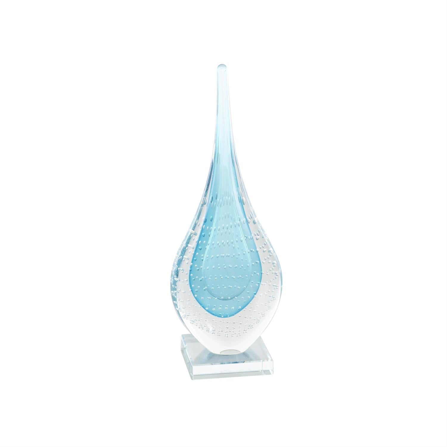 Blue Glass Abstract Teardrop Decorative Sculpture with Clear Bubble Droplets
