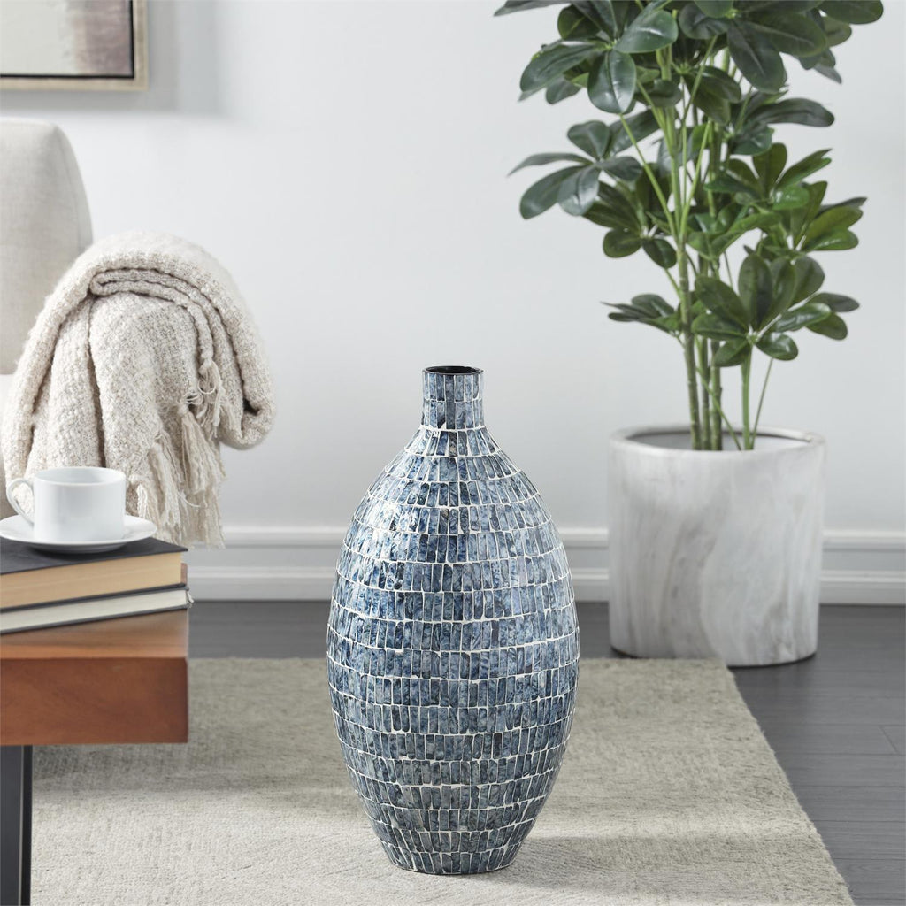 Blue Mother of Pearl Shell Handmade Mosaic Inspired Decorative Vase