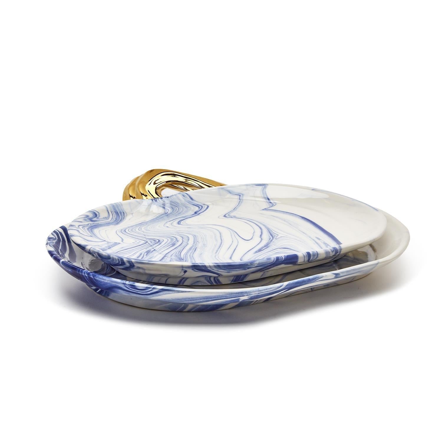 Blue White Marble Pumpkin Serving Platters Set of 2 With Gold Stem