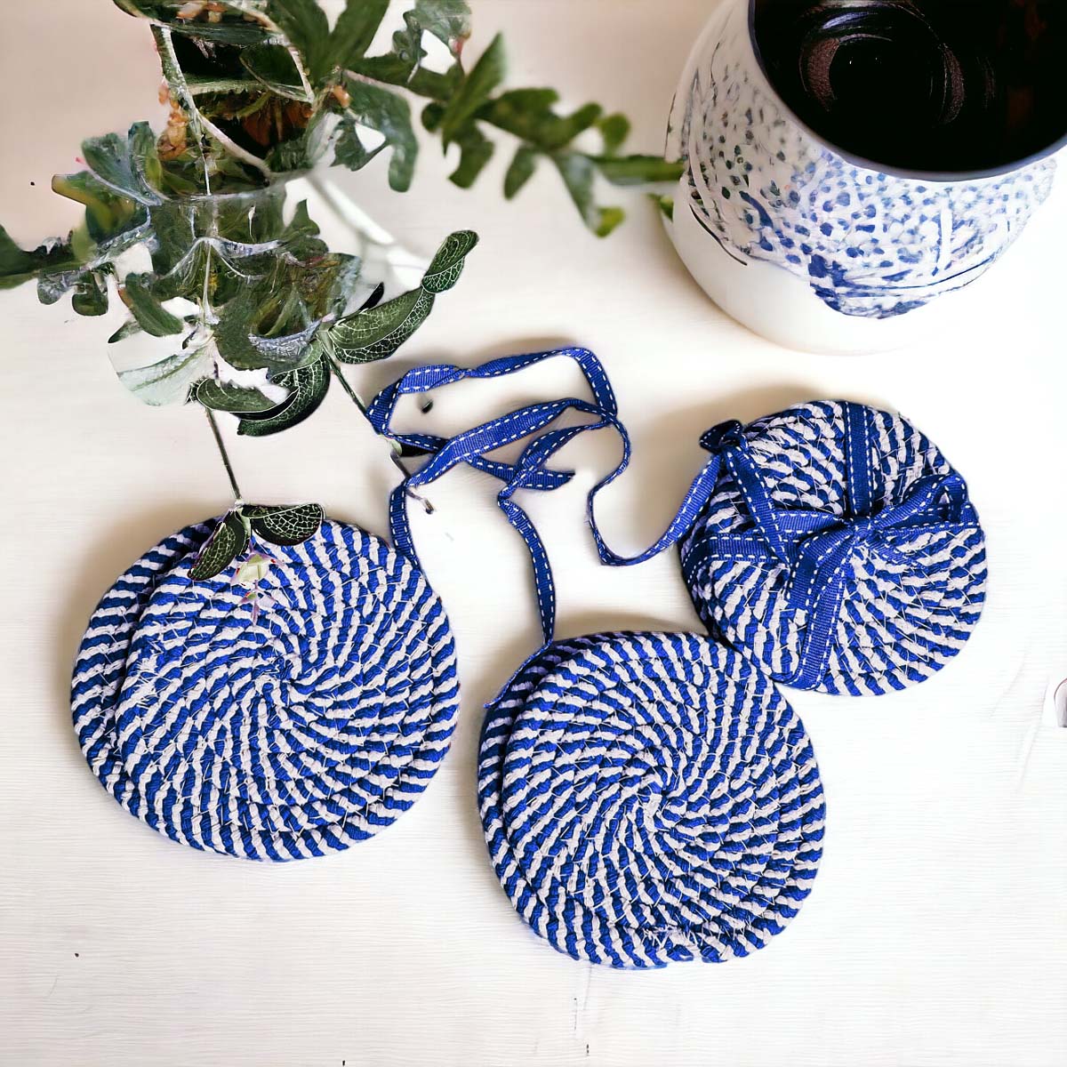 Blue Braided Holiday Coaster Set 4 Pack Candy Cane Stripe Table Protectors Absorbent Drink Mats
