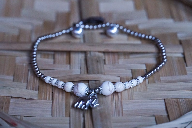 Boho Silver Anklet With White Elephant Pendant Beach