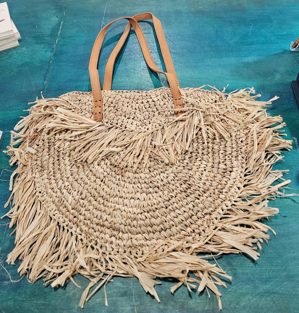Boho Straw Fringe Tote Bag – Woven Beach Purse with Leather Straps