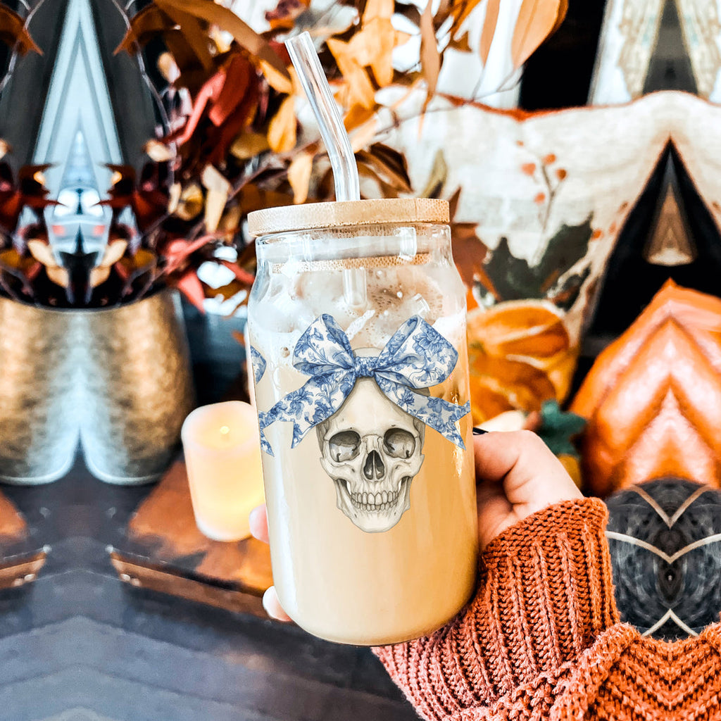 Bow Skull 20oz Insulated Glass Tumbler With Bamboo Lid And Stainless Straws