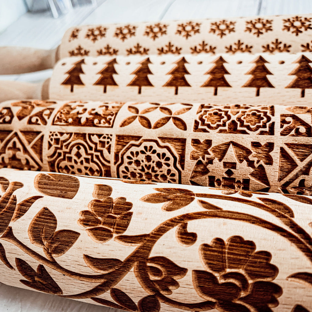 Boxed Rolling Pin Set - 5 Patterned Baking Pins, Kids Friendly, Wooden
