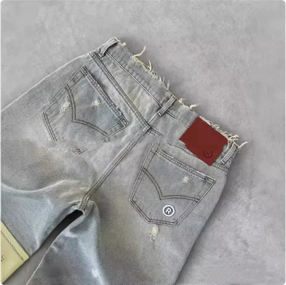 Boys and Men's Straight Leg Ripped Jeans with Embroidery – European and American Style - # BOAA13410015