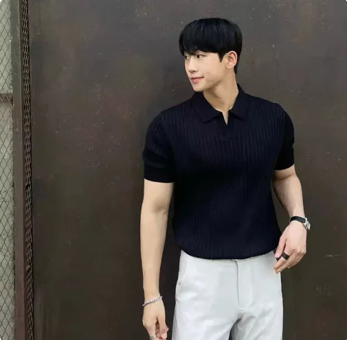 Boys Men's Slim Fit Striped Polo – Korean Style Short Sleeve Knit - # BOAA13510025