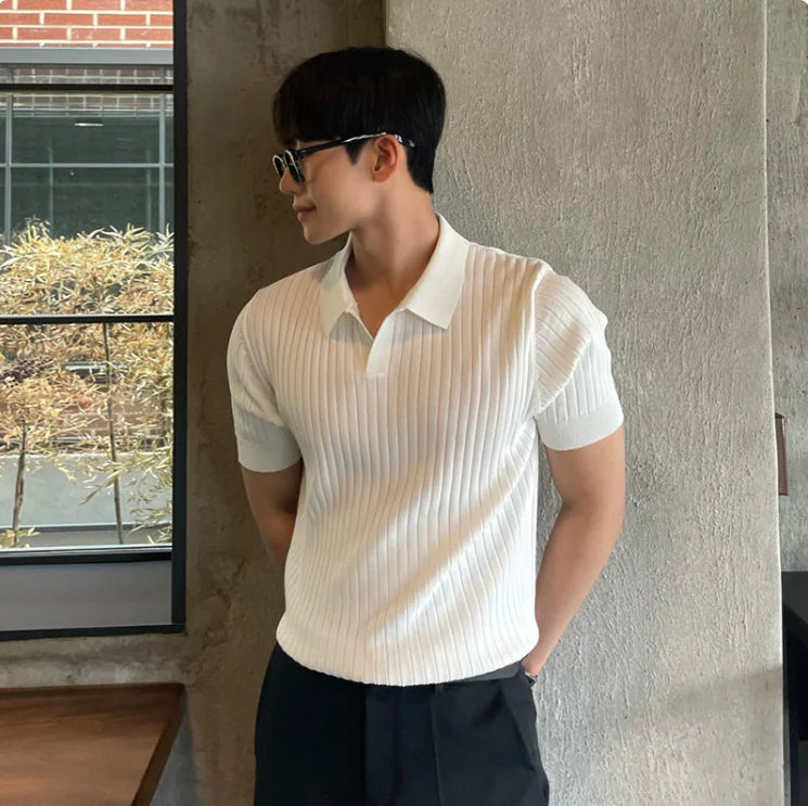 Boys Men's Slim Fit Striped Polo – Korean Style Short Sleeve Knit - # BOAA13510025
