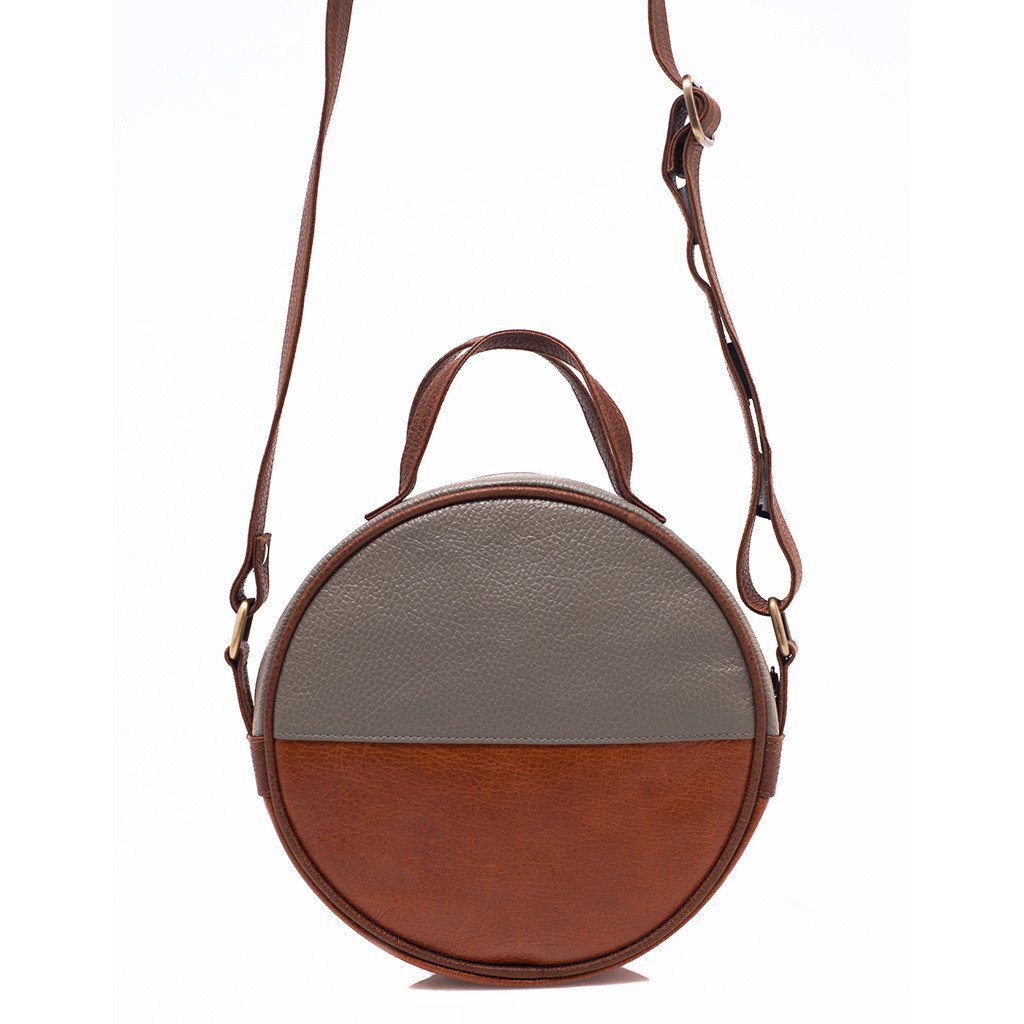 Brown Eco Leather Moon Bag Crossbody Clutch Retro Gray Accent Handwoven Lined