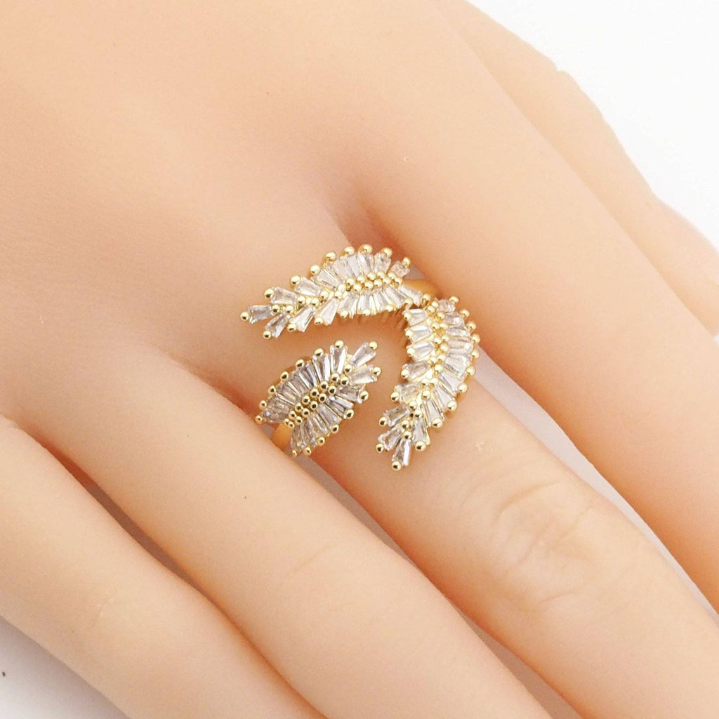 Gold Baguette CZ  Feather Leaf Ajustable Ring, Sku#LX255