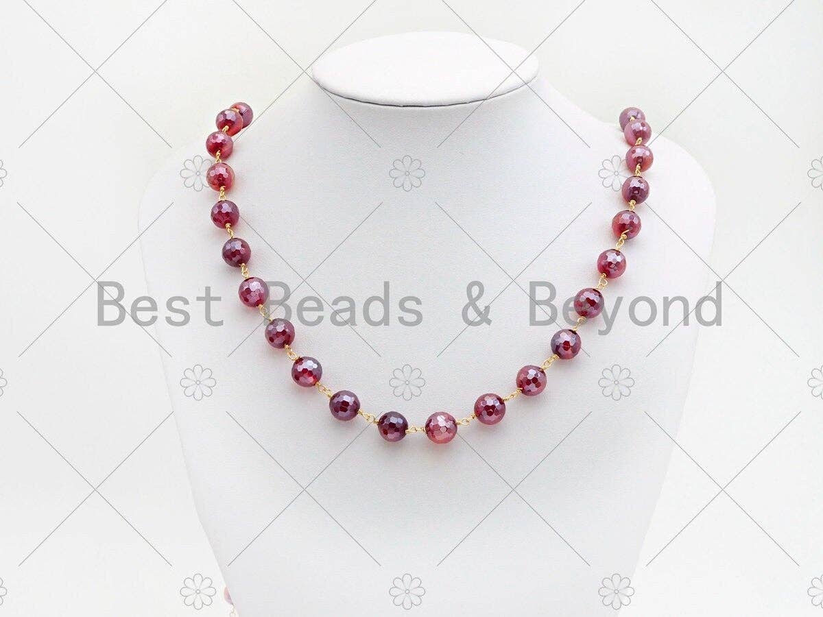 Mystic Agate Purple/Green Brown/Pink Rosary Chain, 10mm Agate Beaded Chain, Wire Wrapped Gold Chain, Sku#V87