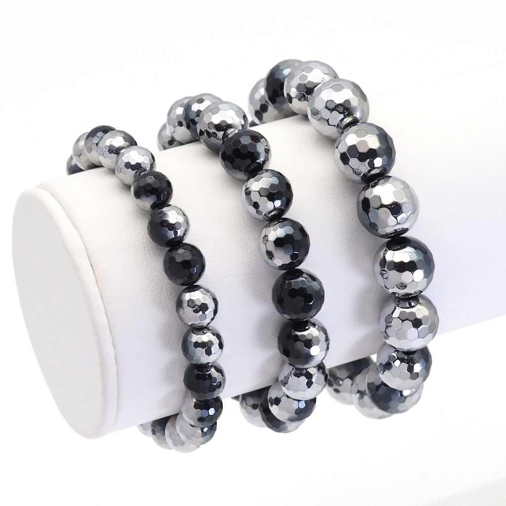 Half Silver Plated Black Onyx Stretchy Bracelet, Sku#EF384