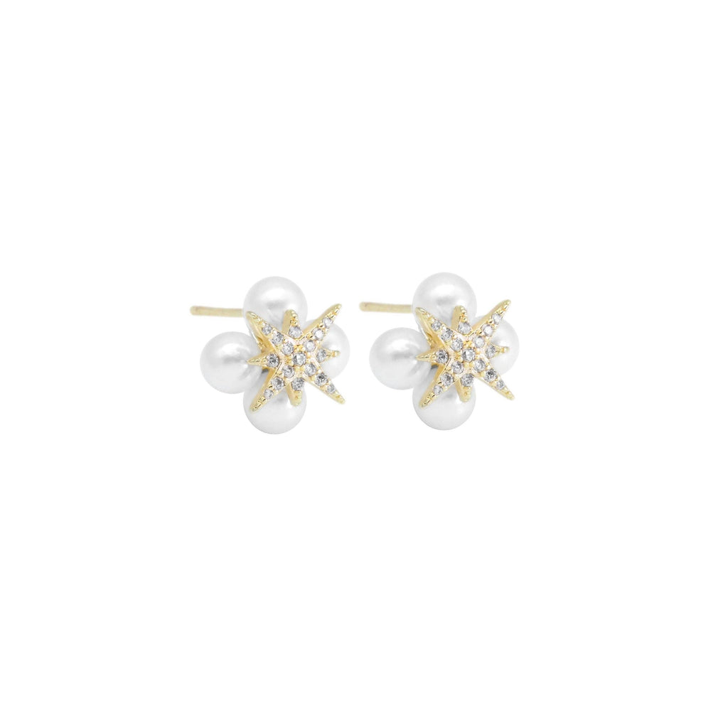 CZ Gold North Star White Pearl Stud Earrings, Sku#ZX154