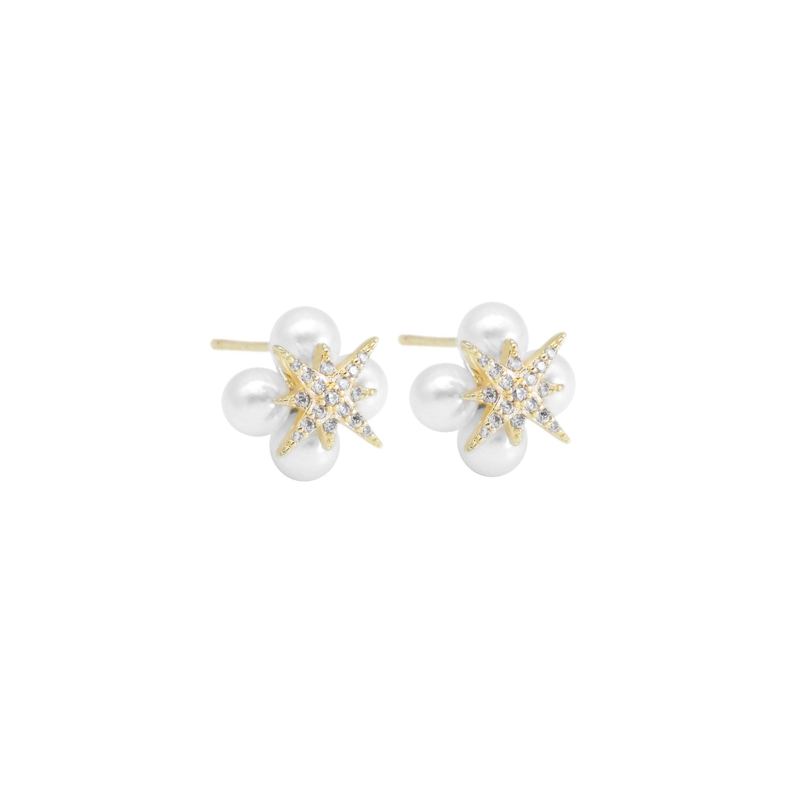 CZ Gold North Star White Pearl Stud Earrings, Sku#ZX154