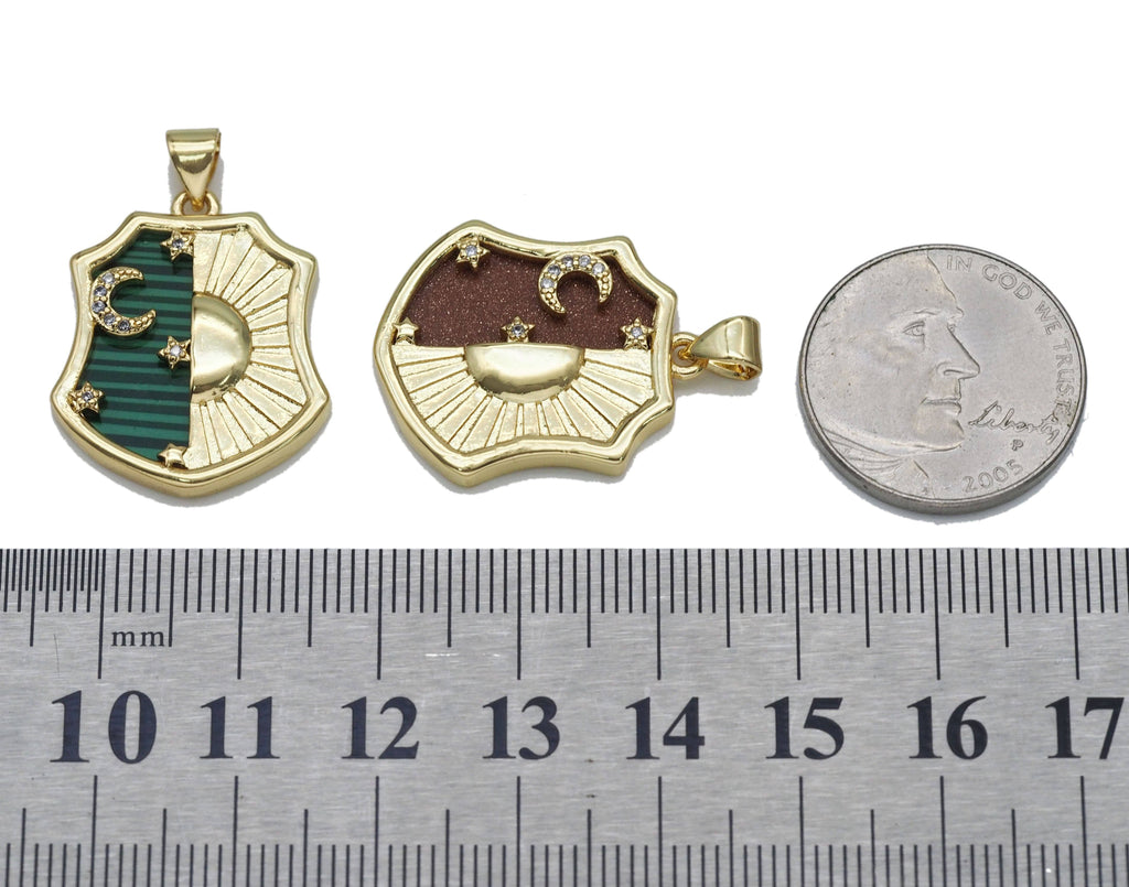 Gold CZ Moon Star Sun On Gemstone Shield Charm, Sku#LX99