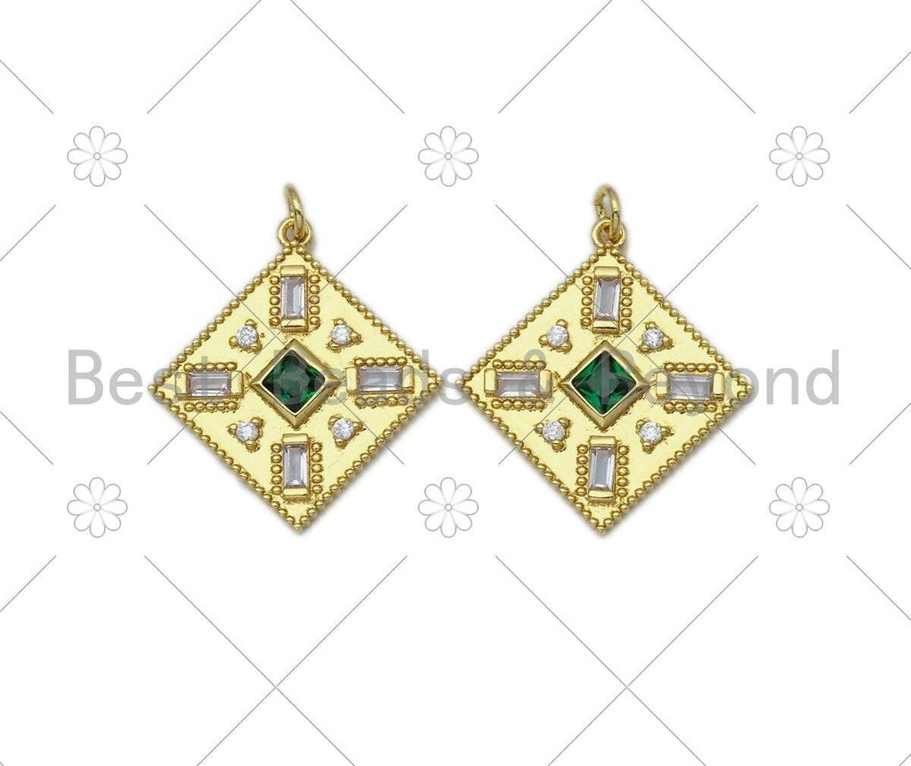 Baguette CZ Micro Pave Rhombus Shape Pendant/Charm, 18K Gold Filled Green CZ Charm,Necklace Bracelet Charm Pendant,28x25mm,Sku#L582