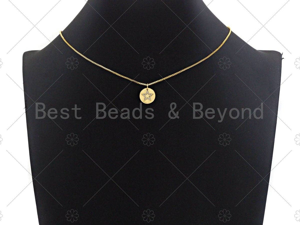 CZ Clear Micro Pave Five Point Star On Round Coin Pendant, Star Pave Pendant, Dainty Gold Coin Charm, 12mm, Sku#Z1140