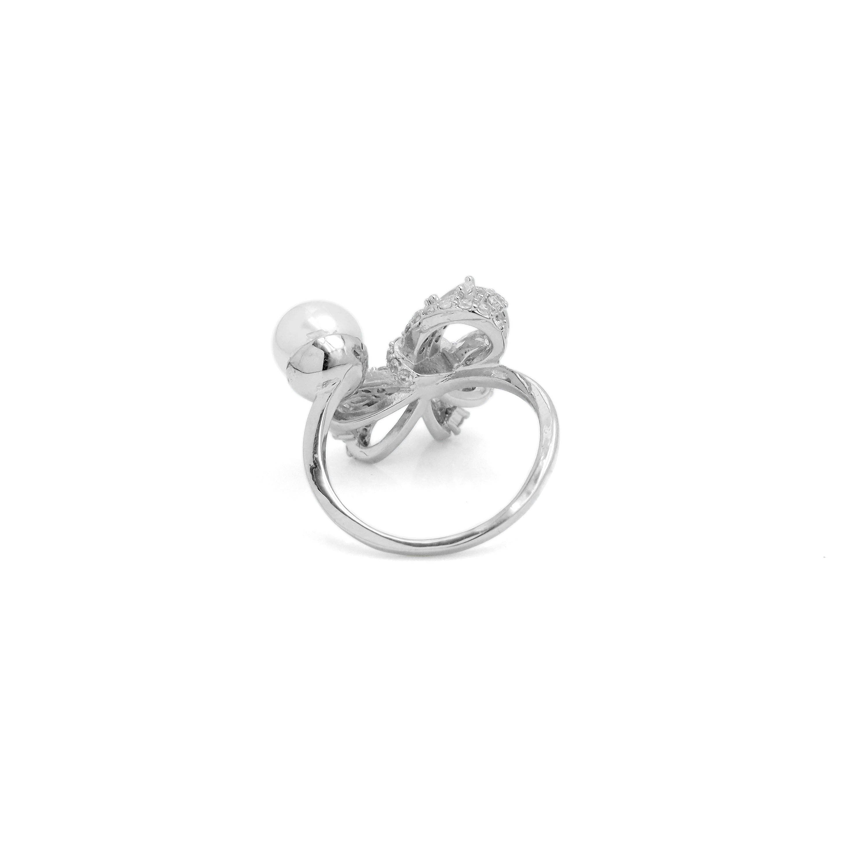 CZ Bowknot White Pearl Statement Adjustable Ring, Sku#ZX214