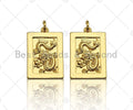 Shiny Gold Medallion Dragon Dog Tag Pendant, Dragon Rectangl