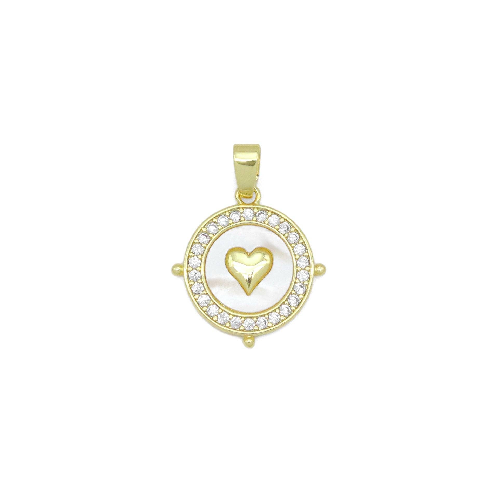 Clear CZ Around Gold Heart On Round Coin Charm Pendant, Sku#LX758
