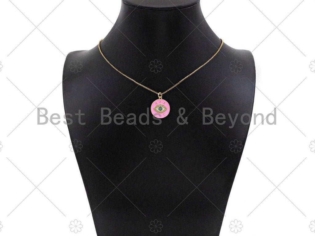CZ Micro Pave Evil Eye On Colorful Enamel Round Coin Shape Pendant, 18K Gold Enamel Medallion Charm, Enamel Jewelry,17x19mm,Sku#L522