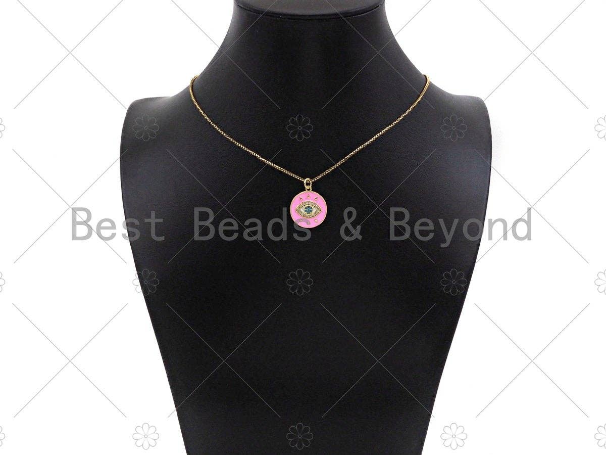 CZ Micro Pave Evil Eye On Colorful Enamel Round Coin Shape Pendant, 18K Gold Enamel Medallion Charm, Enamel Jewelry,17x19mm,Sku#L522
