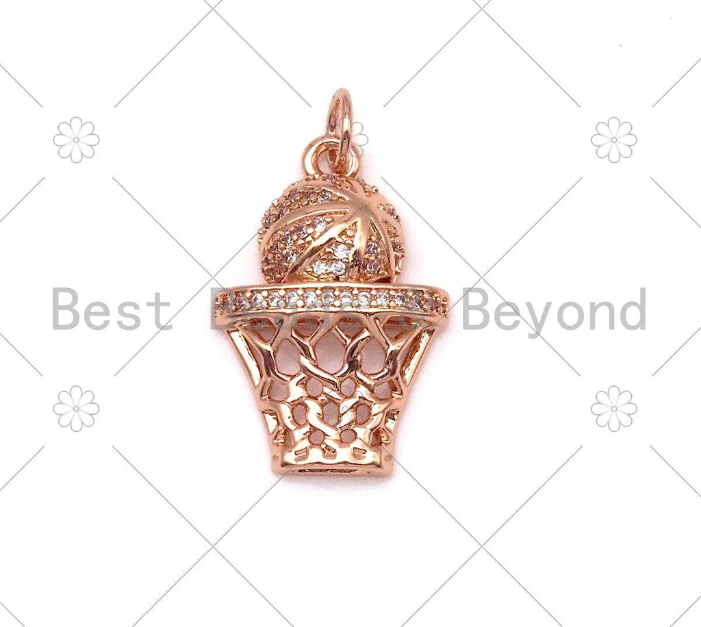 CZ Micro Pave Basketball with Basketball Hoop Shape Pendant,CZ Gold/Sivler/Black/Rose Gold Charm, Necklace Bracelet Pendant,14x21mm,Sku#Y487