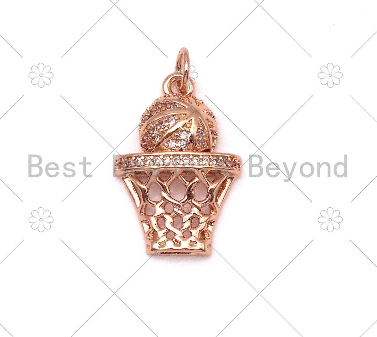 CZ Micro Pave Basketball with Basketball Hoop Shape Pendant,CZ Gold/Sivler/Black/Rose Gold Charm, Necklace Bracelet Pendant,14x21mm,Sku#Y487