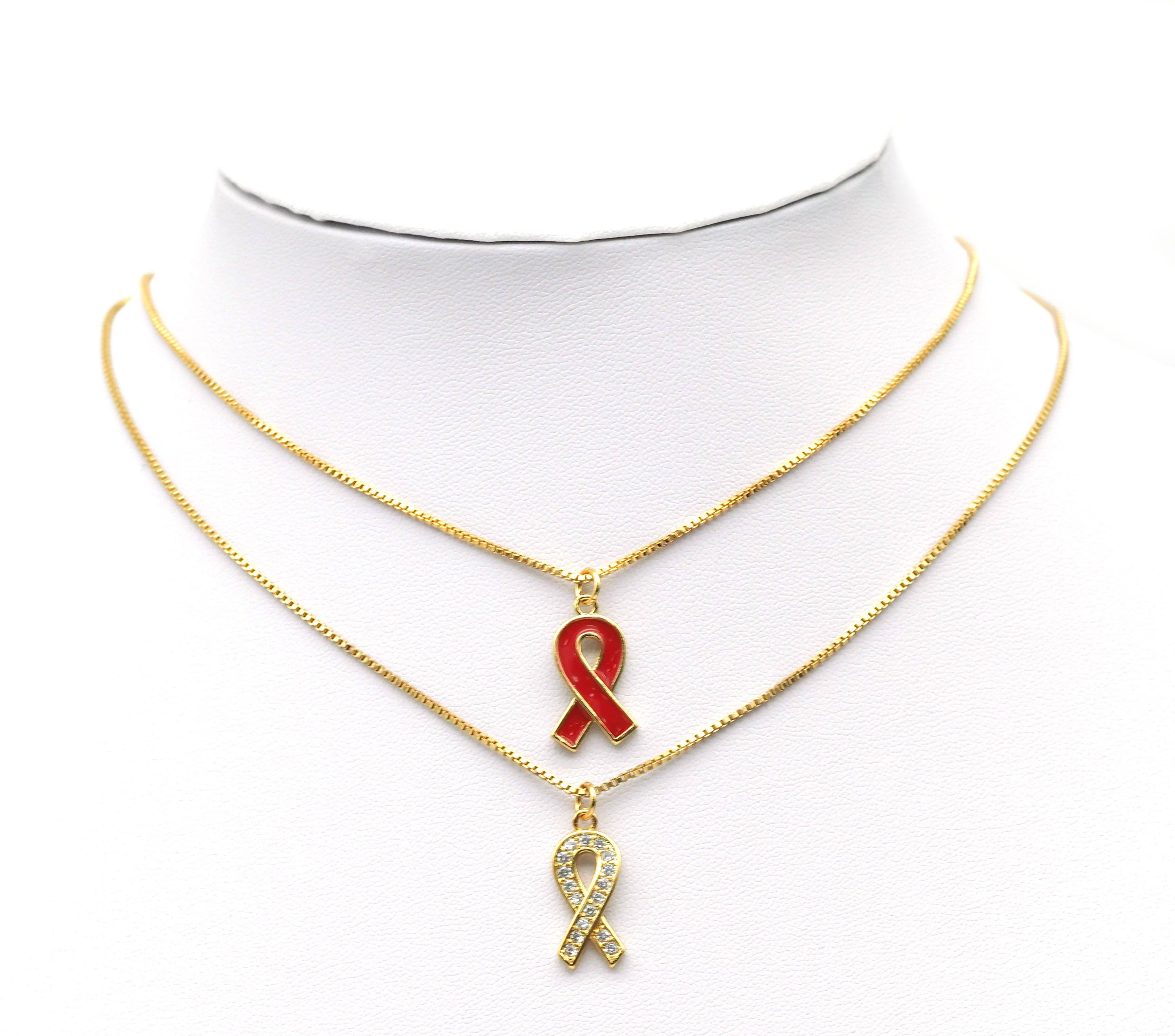 CZ Enamel Cancer Awareness Ribbon Pendant, Sku#LK603