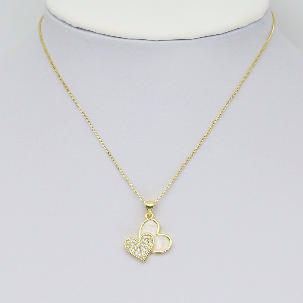 CZ Double Heart White Enamel Gold Charm, Sku#LK923