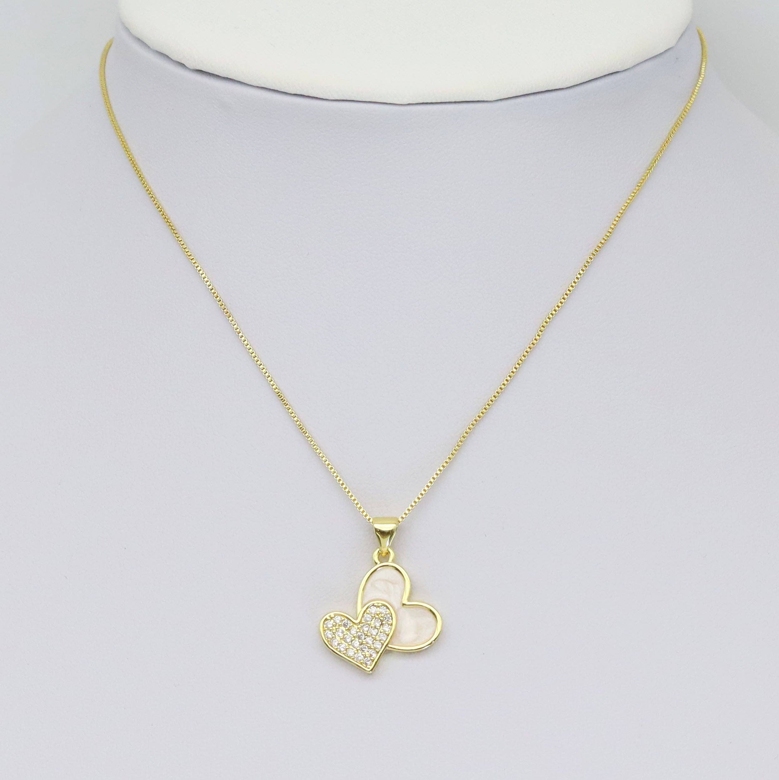 CZ Double Heart White Enamel Gold Charm, Sku#LK923