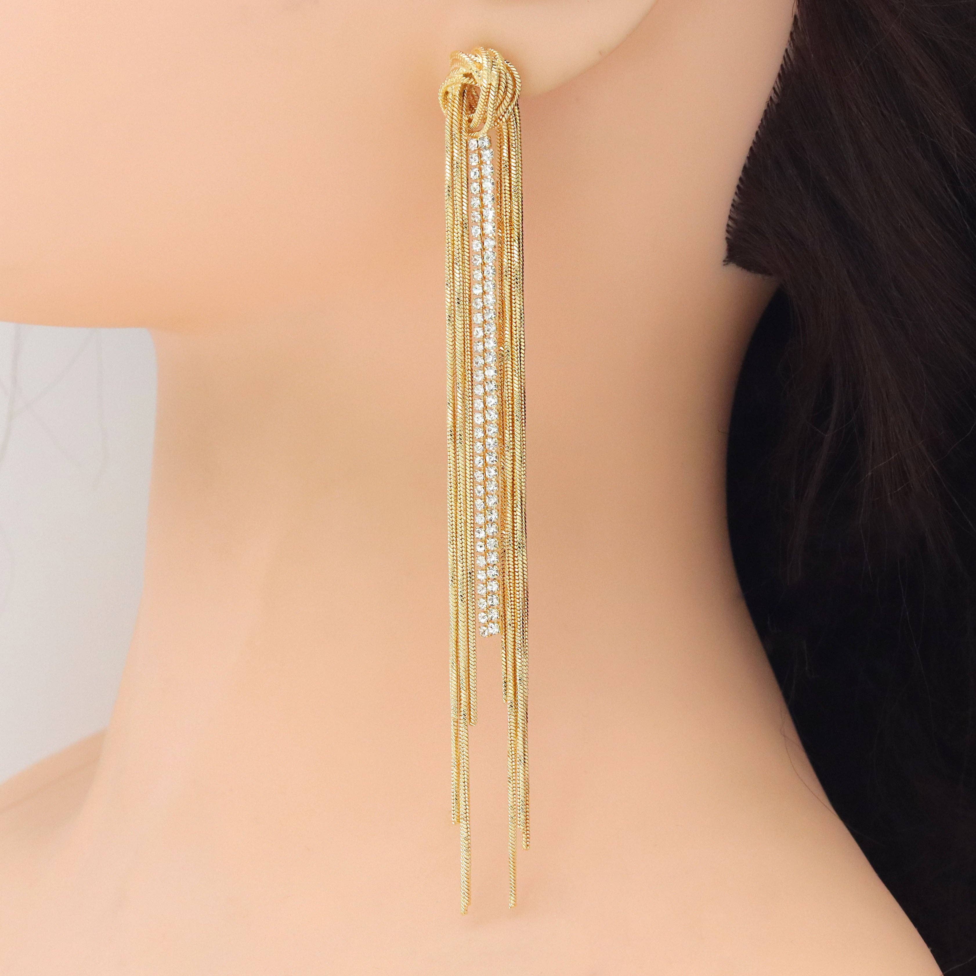 Gold Slinky Long Statement Earrings, Sku#ZX222