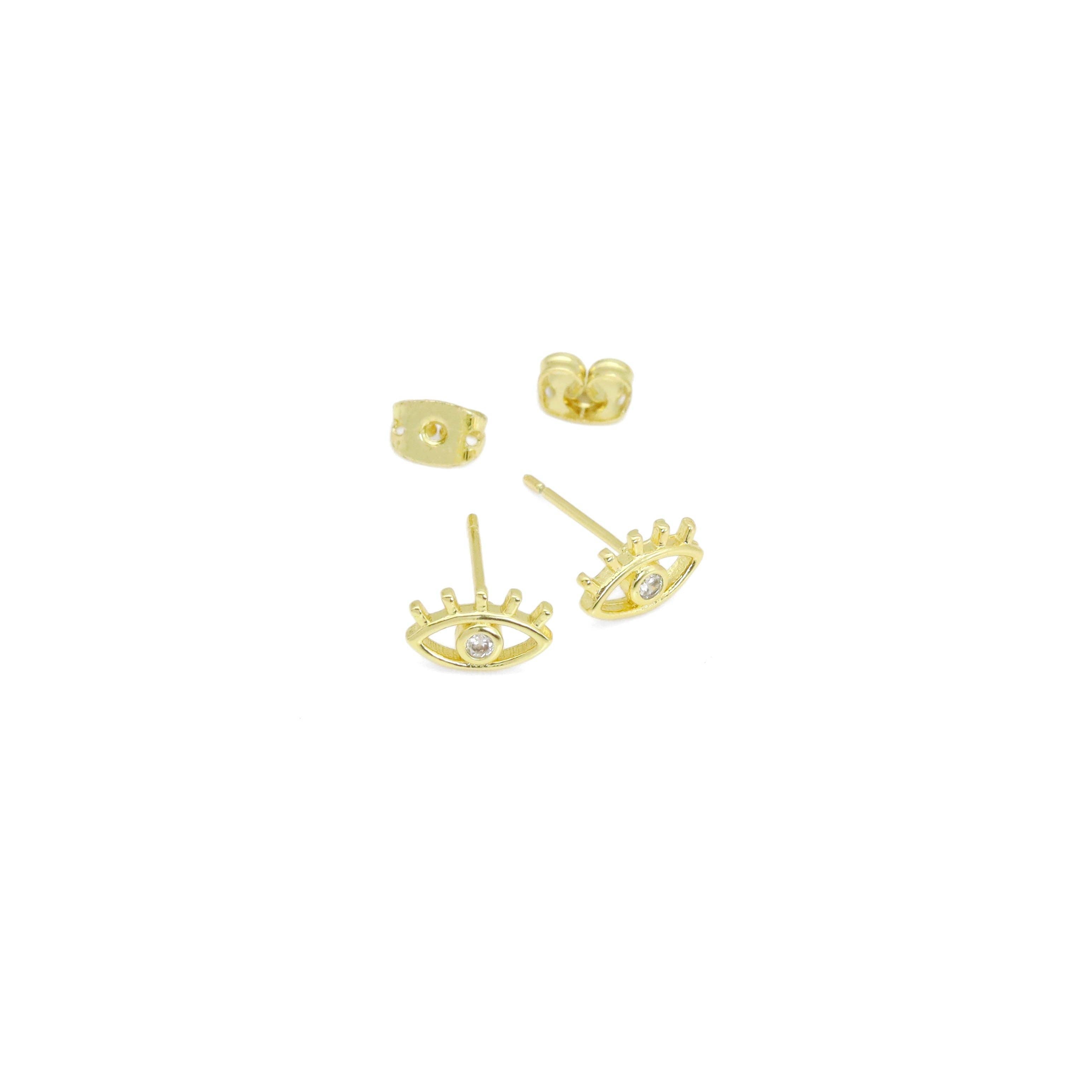 Gold Clear CZ Evil Eye Stud Earrings, Sku#LK947