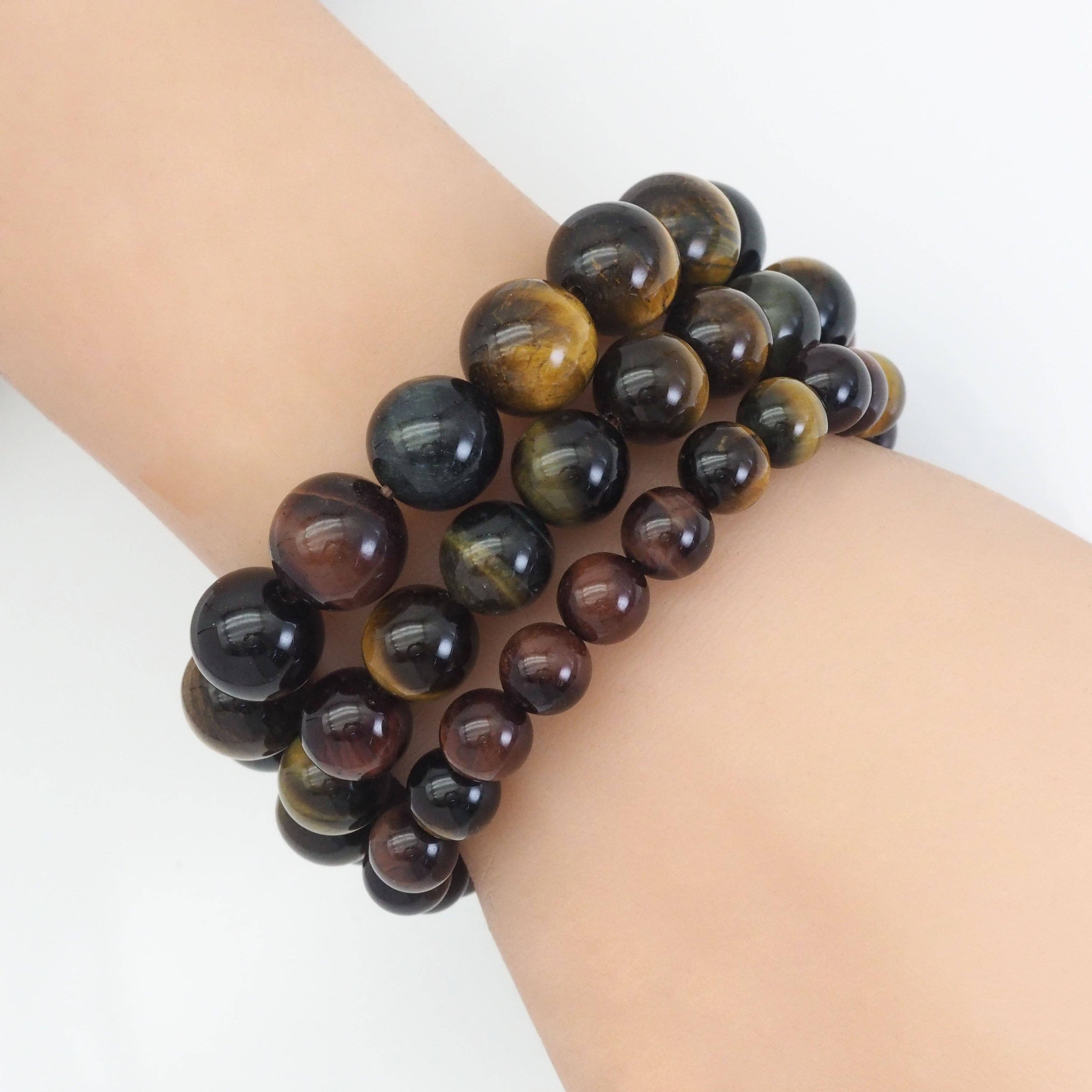Red Yellow Blue Tiger Eye Round Stretchy Bracelet, Sku#EF445