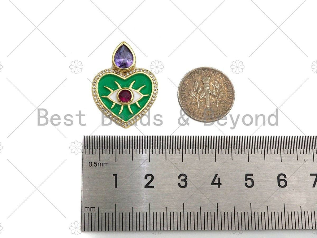 Fuchsia CZ Evil Eye On Green/Black Enamel Heart Pendant, 18K Gold Filled CZ MicroPave Charm, Necklace Bracelet Charm, 20x27mm,Sku#Z1264