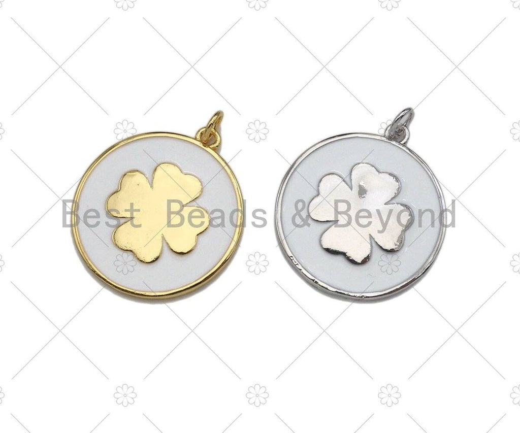 White Enamel Clover On Round Coin Pendant, Gold/Silver Enamel Pendant, Enamel Jewelry, 24x27mm, Sku#Z1215
