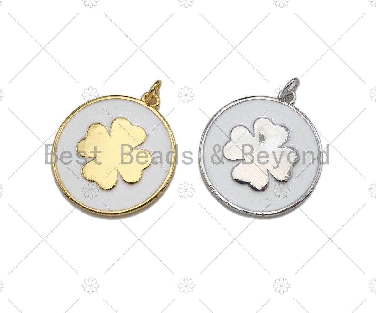 White Enamel Clover On Round Coin Pendant, Gold/Silver Enamel Pendant, Enamel Jewelry, 24x27mm, Sku#Z1215